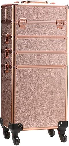 Rolling Train Case 5-in-1 Portable Makeup Train Case Professional Cosmetic Organizer Makeup Traveling case Trolley Cart Trunk (Rose Gold)