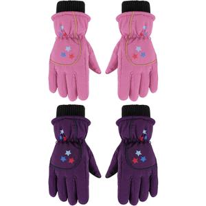 Hicarer 2 Pairs Kids Waterproof Winter Gloves Snow Gloves for Boys Girls Child Toddler Warm Ski Gloves for Cold Weather (5 - 8 Years, Pink and Dark Purple)