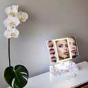 Trifold Makeup Mirror with Lights and Magnification 3X, 5X, 10X, Clear Cosmetic Storage Organizer, 3 Way Lighted Vanity Mirror, 3 Color Changing Dimming Touch Tabletop Mirror