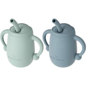 Cuddle Campus Pack of 2 Silicone Baby Training Cup, Shatterproof Toddler Sippy Cups with Straw, Open Cup for Baby, 6+ Months 4 Oz, Boothbay (Boothbay Gray+Sage)
