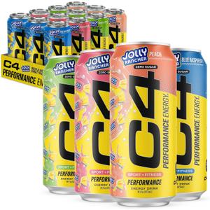 C4 Performance Energy Drink, Jolly Rancher Variety Pack, Zero Sugar Carbonated Preworkout Energy, 200mg Caffeine with Beta Alanine, 16 Fl Oz (12 Pack) (EXP 08/10/26)