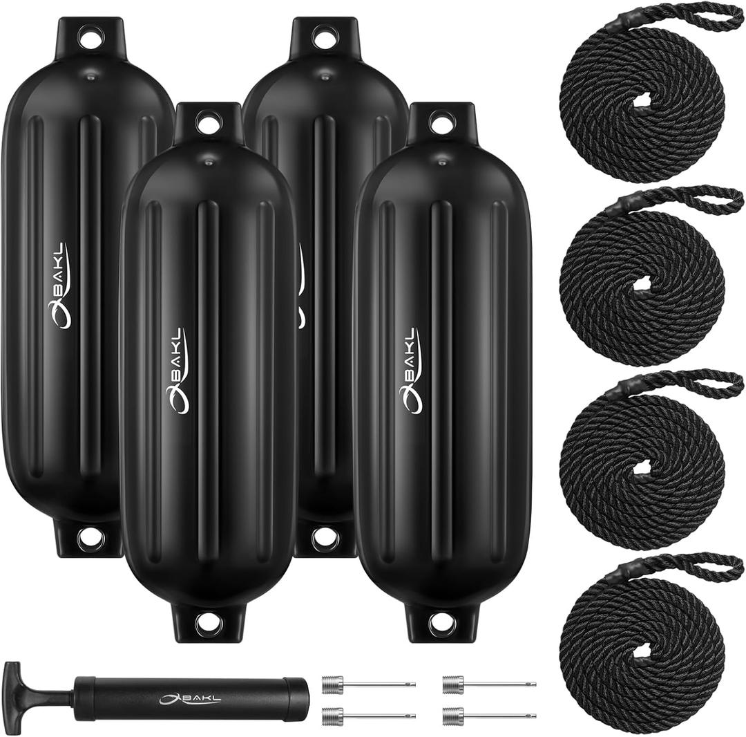 Boat Fenders 4 Pack 8.5 x 27 Inches Ribbed Twin Eyes Boat Fenders Bumpers for Docking, Comes with Ropes and Pump to Inflate (Obsidian Black)