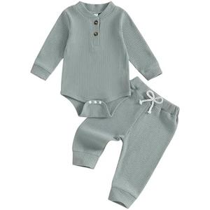 allshope Newborn Baby Boy Fall Outfit Romper Long Sleeve Solid Jumpsuit Bodysuit Elastic Waist Pants Infant Waffle Clothes 1-3m