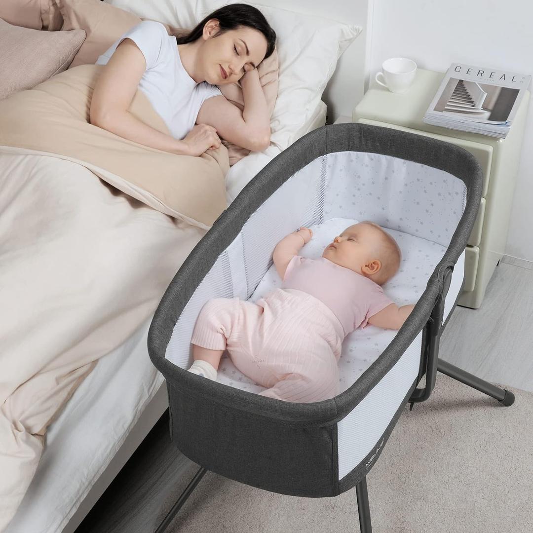 ANGELBLISS 3 in 1 Rocking Bassinet & Baby Bassinet Bedside Sleeper, One-Second Convert Travel Portable Bassinet Newborn Baby (Black) (Black)
