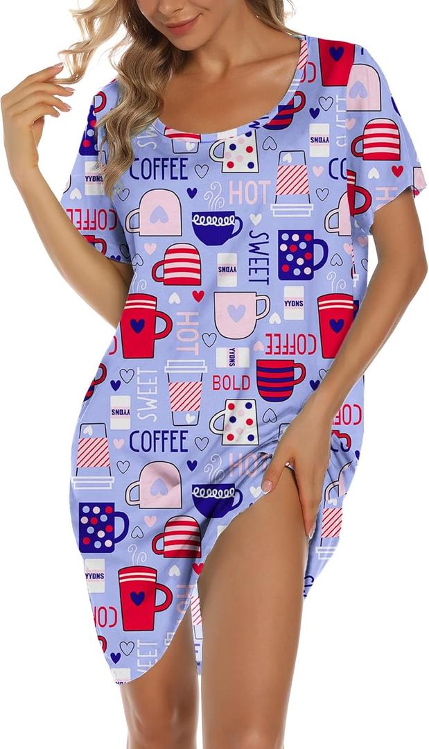 ENJOYNIGHT Womens Cotton Nightgown Short Sleeves Sleepshirt Print Nightshirt (X-Large, Purple Cup)