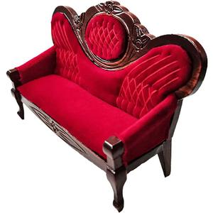1:12 Miniature Mini House Furniture Vintage Red Wooden Carved Sofa for Miniature Accessories Furniture Decoration Birthday
