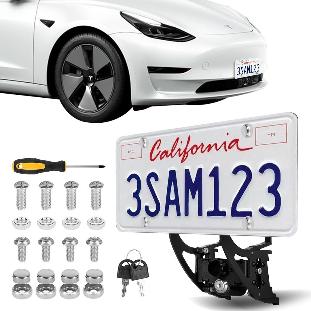 2025 Upgraded Original No Drill Front License Plate Mount Holder for 2020-2025 Tesla Model Y 2017-2023 Model 3,Aluminium Lockable Anti-Theft Front License Plate Frame for Tesla Model Y/3,No Adhesives