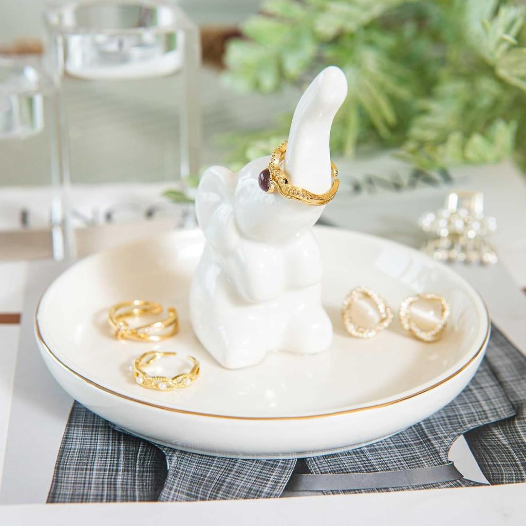 Elephant Ring Holder Dish, Ceramic Jewelry Tray Trinket Dish for Necklace Keychain Organizer, Cute Funny Birthday Wedding Mothers Day Gift for Women Friends Girls