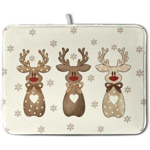 Wnoesat Christmas Reindeer Snowflakes Dish Drying Mat for Kitchen Counter 18x24 Inch Winter Xmas Holiday Drying Pads Microfiber Absorbent Dish Draining Mat Large Dish Drainer Rack Mat