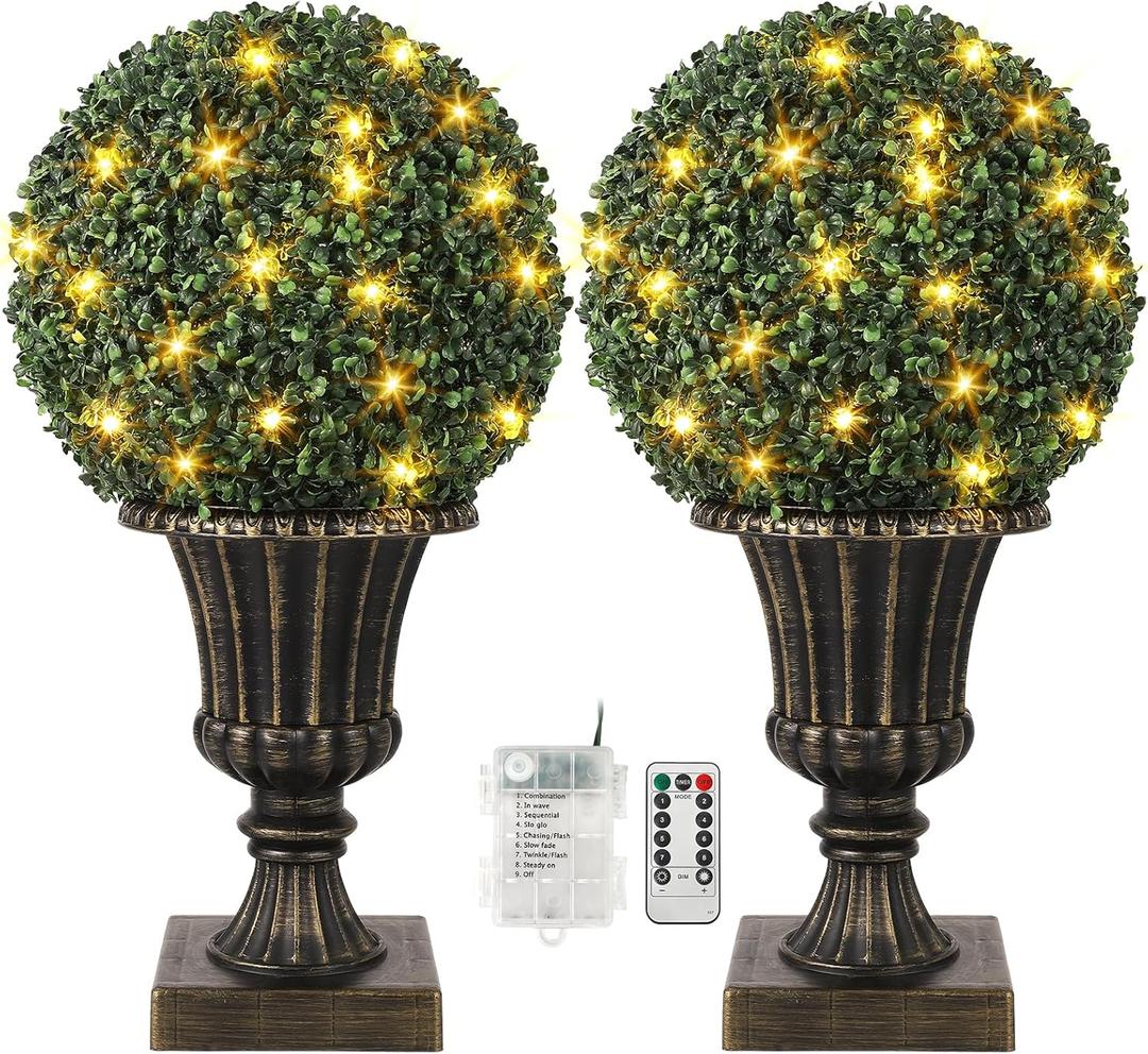 16inch Pre-Lit Faux Boxwood Balls with Sturdy Pot Base,Artificial Topiary Trees 2 Pack for Outdoor,UV Resistant & Waterproof Fake Greenery Plants Ball Tree for Front Porch Garden Home Decor,Gold