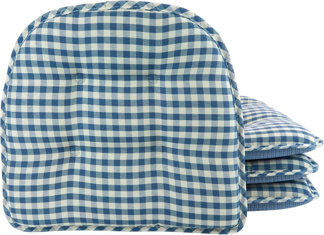 Klear Vu Omega Non-Slip Chair Cushions, Assembled in USA, U-Shaped Skid-Proof Seat Pads for Dining Room, Kitchen, Office, 15"x16", 4 Pack, Gingham Blue 4 Count