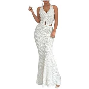 MakeMeChic Women's 2 Piece Skirt Set Outfits Textured V Neck Twist Halter Top and Maxi Skirt Set XL