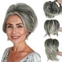 Short Straight Claw Clip Ponytail Extension with 4 DIY Bendable Metals, Synthetic Messy Bun Hair Piece for Women with Thinning Hair, Salt and Pepper Ombre