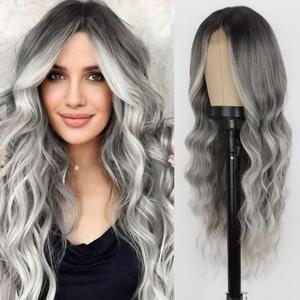 WERD Grey Wigs for Women Ombre Grey Curly Hair Wig Middle Part Dark Roots Natural Looking Synthetic Heat Resistant Mix Gray Wigs for Cosplay Party Use