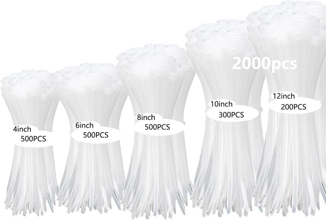 2000 PCS Zip Ties Assorted Sizes 4+6+8+10+12 Inch Self-locking Nylon Cable ties Heavy Duty Outdoor, UV Resistant Wire Straps for Home Office Garden Workshop Indoor Outdoor Fence((White)