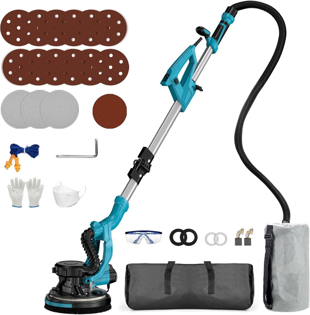 Drywall Sander Popcorn Ceiling Removal Tool with Vacuum Dust Collection 9 Variable Speed Collapsible Extendable Handle Electric Sander for Drywall with LED Light 16Pcs Sanding Discs Blue