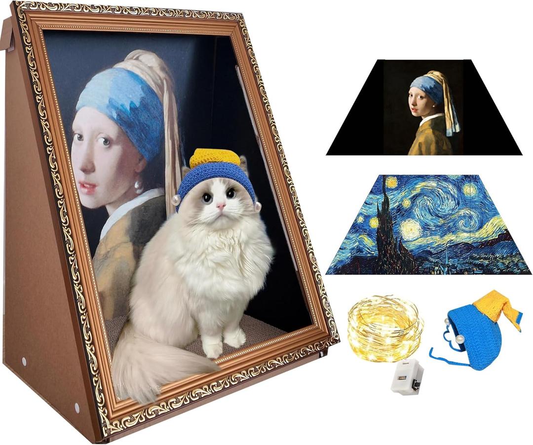 Oil Painting Frame Cat House with Scratcher - 2 Interchangeable Oil Painting Backgrounds - Starry Night & Girl with a Pearl Earring - LED fairy light Lights & Pet Hat - 3D Art Picture Frame Cardboard House Bed Cave Indoor, Easy-to-Assemble