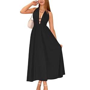 YMDUCH Women's Sexy Halter V Neck Sleeveless Backless A-line Cocktail Party Long Dress Black, Medium