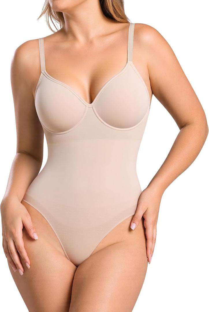 BRABIC Shapewear Bodysuits for Women Tummy Control Shapewear Seamless Backless V-Neck Tops with Built-in Bra (XX-Large, Beige)