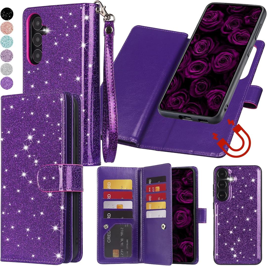 Varikke for Galaxy S25 Wallet Case Detachable with RFID Blocking Card Holder for Women, Glitter Leather Strap Magnetic Flip Wallet Removable Phone Case Cover for Samsung Galaxy S25 6.2", Dark Purple