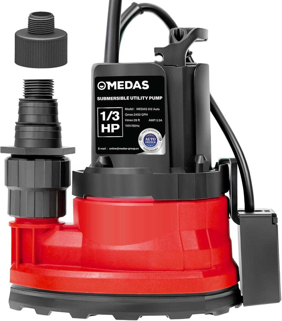 MEDAS Automatic Submersible Pump 1/3HP 2450GPH Sump Pump, Auto On/Off with Smart Sensor, Drains to 0.04", Portable Utility Water Pump for Basement, Pool, Garden Pond