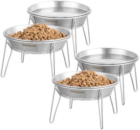 Wellbro Cat Food Bowls, 4 Pcs Stainless Steel Cats Food and Water Whisker Fatigue Shallow Dishes, Small Dog Puppies Fat Faced Cat Kitten Supplies (4 Pack Raised Bowls)