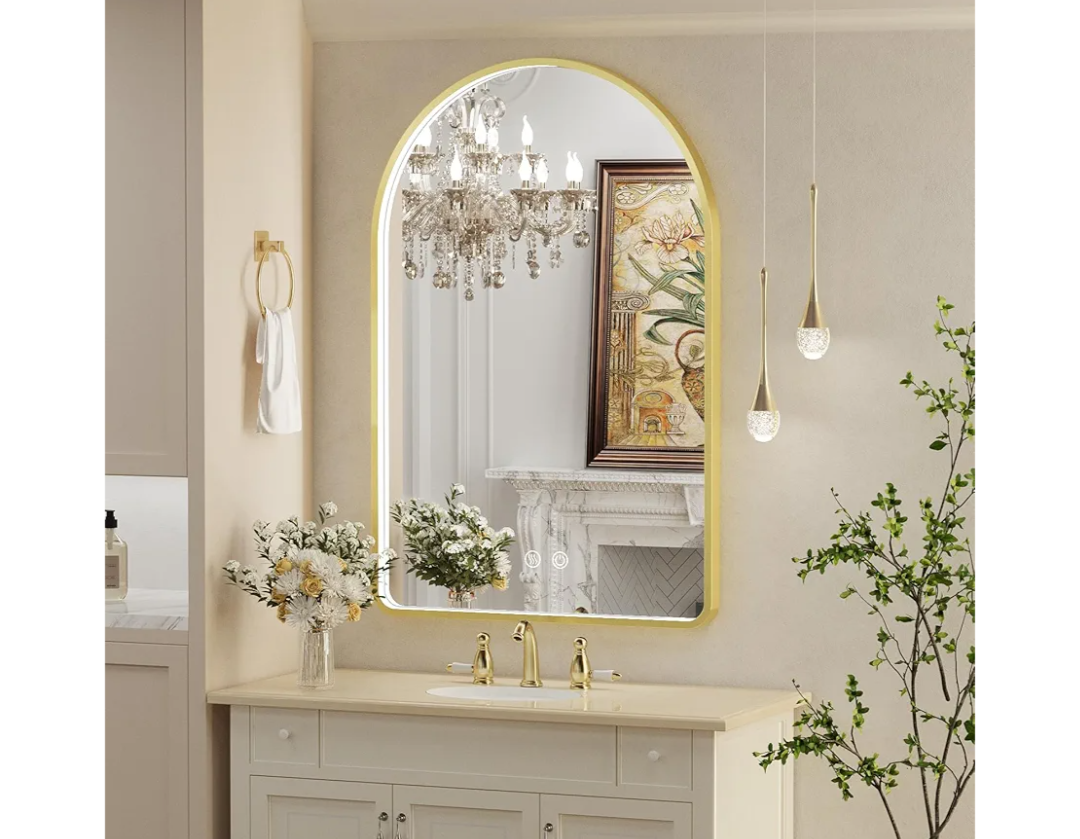 24X36 Inch Arched LED Mirror for Bathroom,3-Color Gold Framed Arched Wall Lighted Vanity Mirror with Lights,Anti-Fog, 3000K/4500K/6000K Dimmable,ETL Listed LED Driver