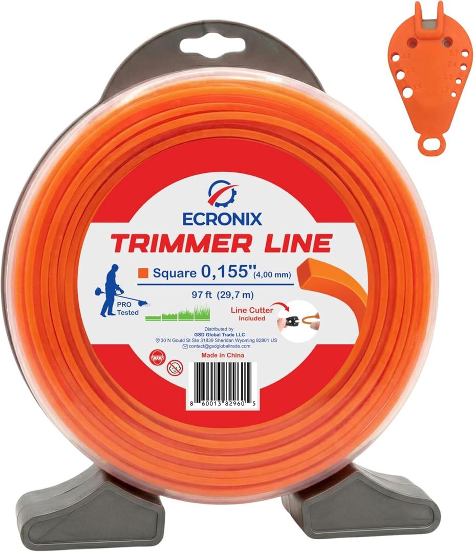 155" Square Trimmer Line - 1 lb Donut Spool (97 ft) - Industrial Grade for Fixed-Head Trimmers ONLY - Extreme Land Clearing & Sapling Removal - Orange - Includes Free Line Cutter