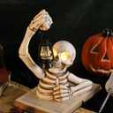 DREAM GARDEN Halloween Skeleton Decorations, Spooky Skeleton Figurine with LED Warm Light Indoor Skull Sculpture Halloween Party Ornament for Bar Table Decor