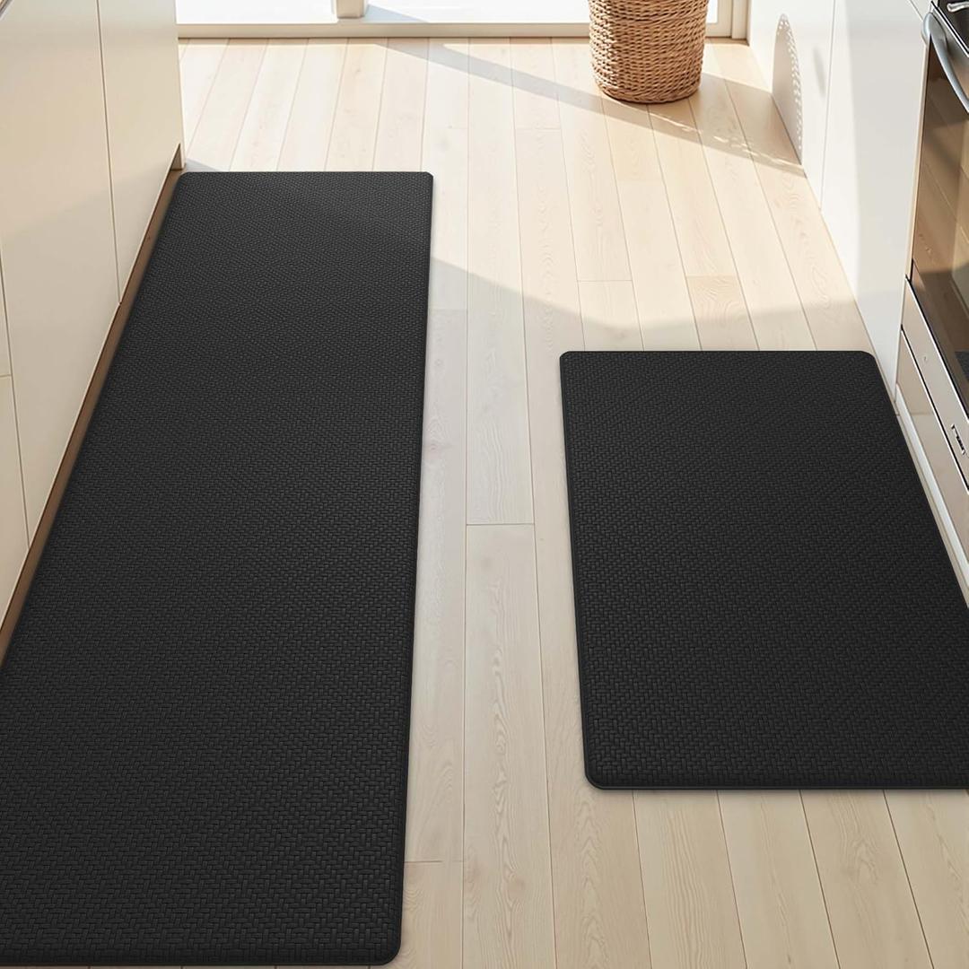 Color&Geometry Kitchen Mats [2 PCS] Cushioned Anti Fatigue Mats for Floor,Easy to Clean Non Slip Waterproof Runner,Foam Padded Kitchen Rug Set for Sink, 17"x 29"+17"x59",Black