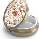 Pill Case Pill Box with Mirror Retro 3 Compartment Small Pill Case for Purse or Pocket Bronze Small Roud Pill Box or Vitamins, Fish Oil, Supplements, Pill Containe Travel GiftsRetro Red Flowers