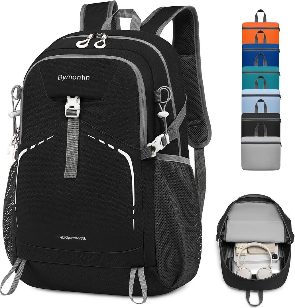 35L Lightweight Packable Backpack Durable Foldable Daypack for Travel, Hiking, and Gym (Black), Large