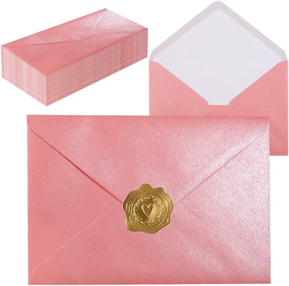 A7 Self-Sealing Pink Envelopes 50 Pcs - 5x7 Inches (5.317.67in) Premium 120g Pearl Glitter Paper - Printable & Writable for Wedding Invitations, Greeting Cards - Includes Gold Stickers
