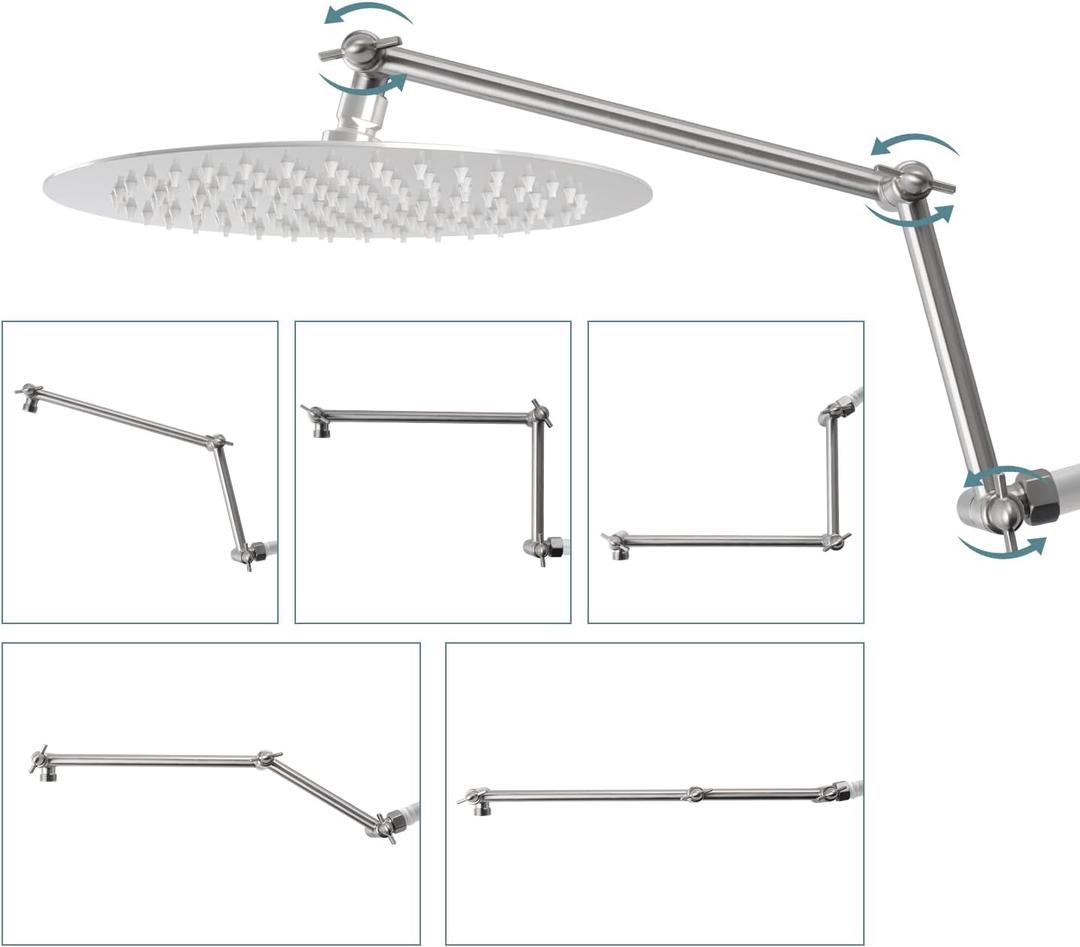 iFealClear All Metal 16" Shower Head Extension Arm, Solid Brass Shower Head Extender Adjustable Height Angle, G1/2 Universal Connection Stainless Steel Rain Showerhead Pipe, Lock Joint, Brushed Nickel