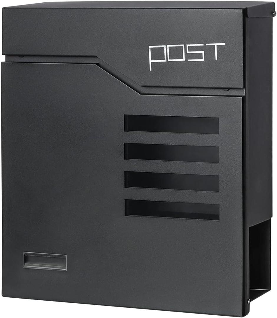 Jssmst Locking Mailbox Wall Mount- Waterproof mailboxes with Secure Key Lock and Newspaper Compartment, Key Lock Drop Box Extra Large Capacity, 12.9 x 4.1 x 14.2 Inch, SM-HPB938 Black New