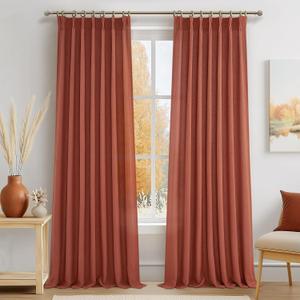 Pinch Pleated Burnt Orange Semi Sheer Curtains 102 Inches Long 2 Panels Set for Dining Room, Petty Natural Thick Linen Light Filtering Triple Pleat Aesthetic Curtain with Back Tab 40"W x 102"L Length