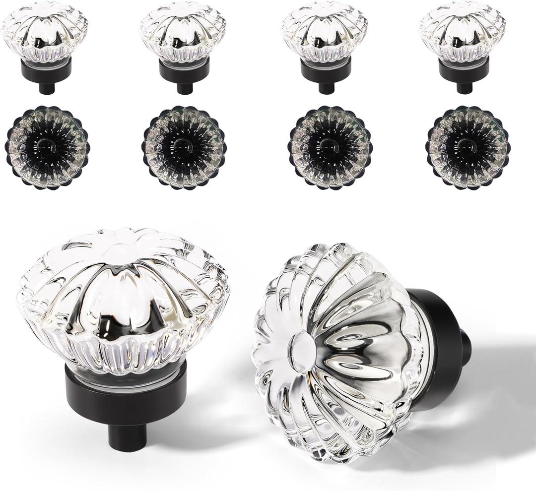 Flower Crystal Cabinet Knobs Cabinets Knob, 8 Pack Matte Black Base and Clear Crystal Small Pull for Closet Dresser Drawers Cupboard Wardrobe, Vintage Solid Alloy Retro Pulls Old Fashioned Handle