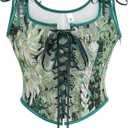 Women's Vintage Floral Print Vest Renaissance Corset Lace Up Fishbone Bustier Tops Pirate Costume (Large, Green)