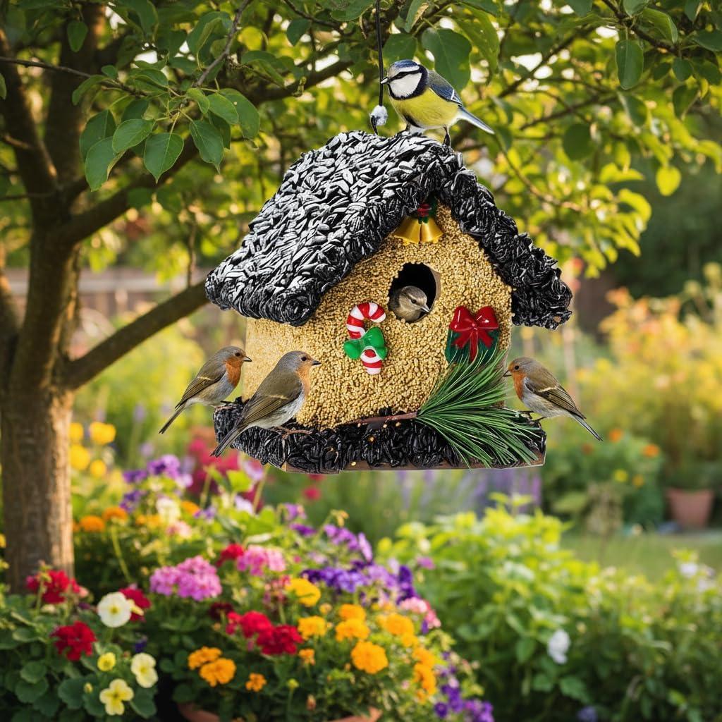 2026 Seeded Birdhouse, Wood Bird House Covered with Wild Birdfood, Water Proof Birdseeds Feeder for Outside Hanging, Birdseeded Bird House for Outdoor