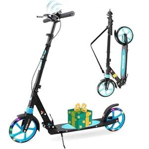 Scooter for Kids Ages 8+ Teens & Adults, Lightweight Kick Scooter with Carry Strap Adjustable Height Equipped with Front handbrake and Rear Brake, Big Sturdy PU Flash Wheels Great Gift & Toy (Black)