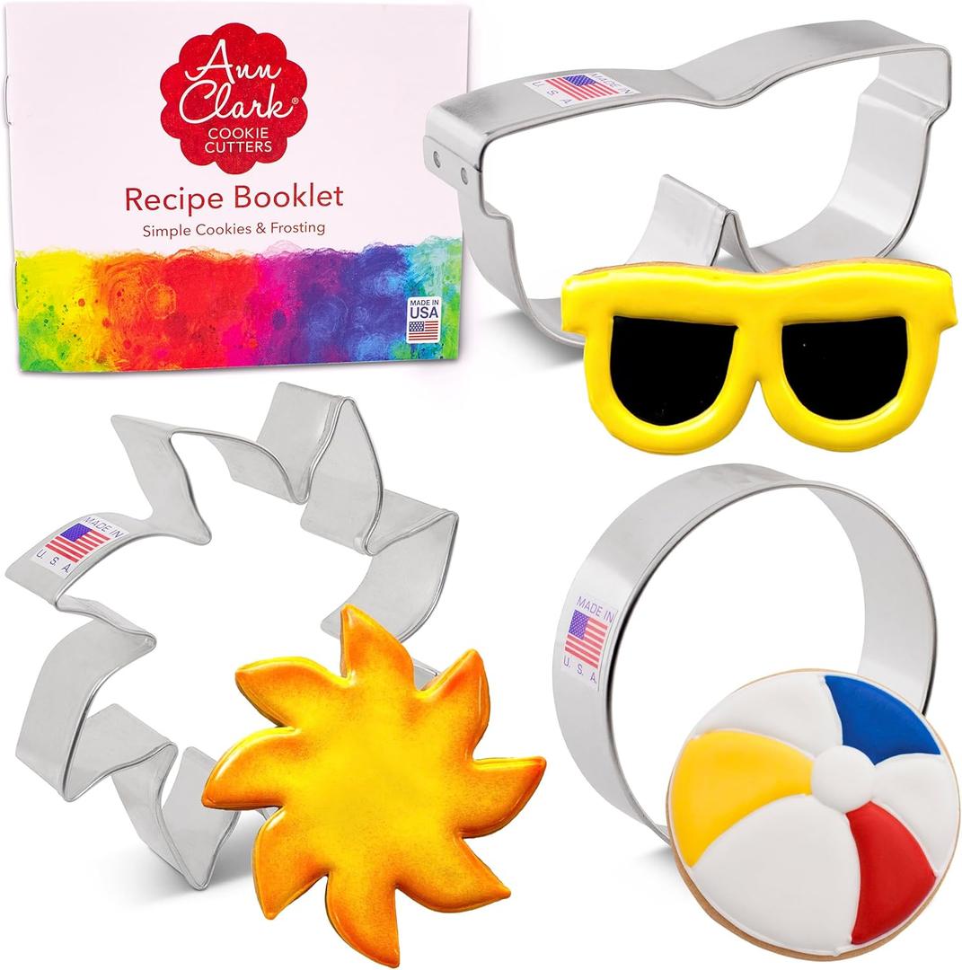 Summer Beach Cookie Cutters 3-pc Set Made in USA by Ann Clark, Sun, Sunglasses & Beach Ball