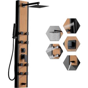 BWE Stainless Steel Shower Panel Tower System 8 Jets Multi-Function Shower Panel System Black and Bamboo Panel with Handheld Wand Wall Mount Shower Column