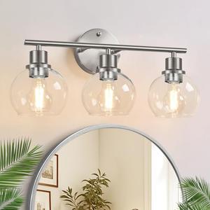 Indoi 3-Light Bathroom Light Fixtures, Brushed Nickel Modern Vanity Lights Over Mirror with Clear Glass Globe Shade, Bathroom Wall Sconces for Mirror Kitchen Living Room Hallway Cabinet Bedroom Porch, olor: Brushed Nickel