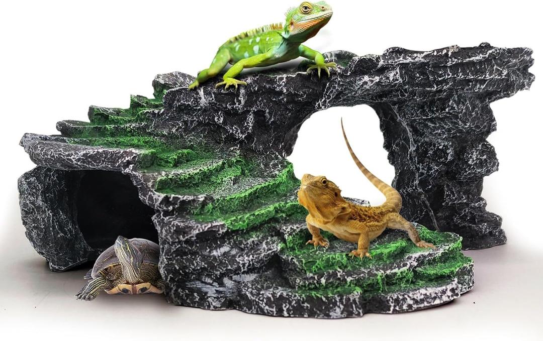 GOZILLA Basking Platform Step Ledge,Reptile Hideout Turtle Tank Accessories Decorations,Turtle Basking Platform Habitat for Turtles,Leopard Gecko and Bearded Dragon.(Black-M-Kit)