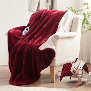 Westinghouse Electric Blanket with Foot Pocket for Adults, Ultra Soft Flannel to Sherpa Heated Throw with 6 Heating Levels & 2-10 Hours Time Settings, Fast Heating & Machine Washable, 50x62, Burgundy
