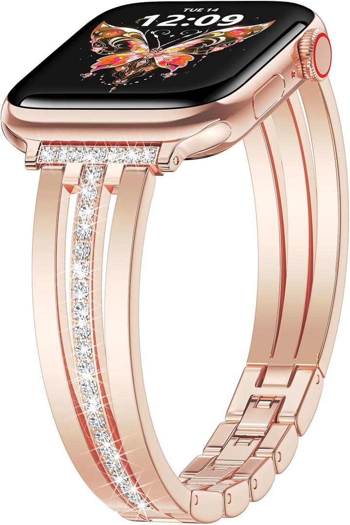 AIRSPO Slim Gold Band Compatible with Apple Watch 38mm 40mm 41mm 42mm Women Thin Metal Strap Dressy Jewelry Bracelet with Bling Diamond for iWatch Bands Series 11 10 9 8 7 6 5 4 3 SE, Rose Gold
