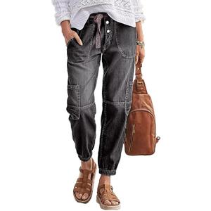 Flamingals Straight Leg Button Fly Jeans for Women Multi Pocket Mid Rise Jeans Without Belt Denim Pants (Large, Gray)