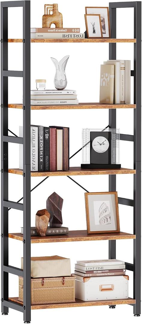 DUMOS 5-Tier Bookshelf, Modern Tall Bookcase, Open Storage Display Shelf for Living Room, Bedroom, Home Office, Narrow Standing Shelving Unit for Books, CDs, Décor，Rustic Brown