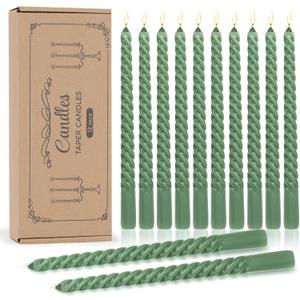 Tobeape 12 Pack Sage Green Taper Candles, 10 Inch Tall Unscented Dripless Candlesticks, 8 Hour Burning Smokeless Spiral Wax Tapered Candlesticks for Home Dcor Spring St. Patrick's Day Dinner Wedding