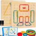 2Pack Wooden Geoboard,Montessori Toy,Graphical Mathematical Education Toy for Kids with Pattern Cards and Rubber Bands to Figures and Shapes, Brain Teaser STEM Toy Geo Board.